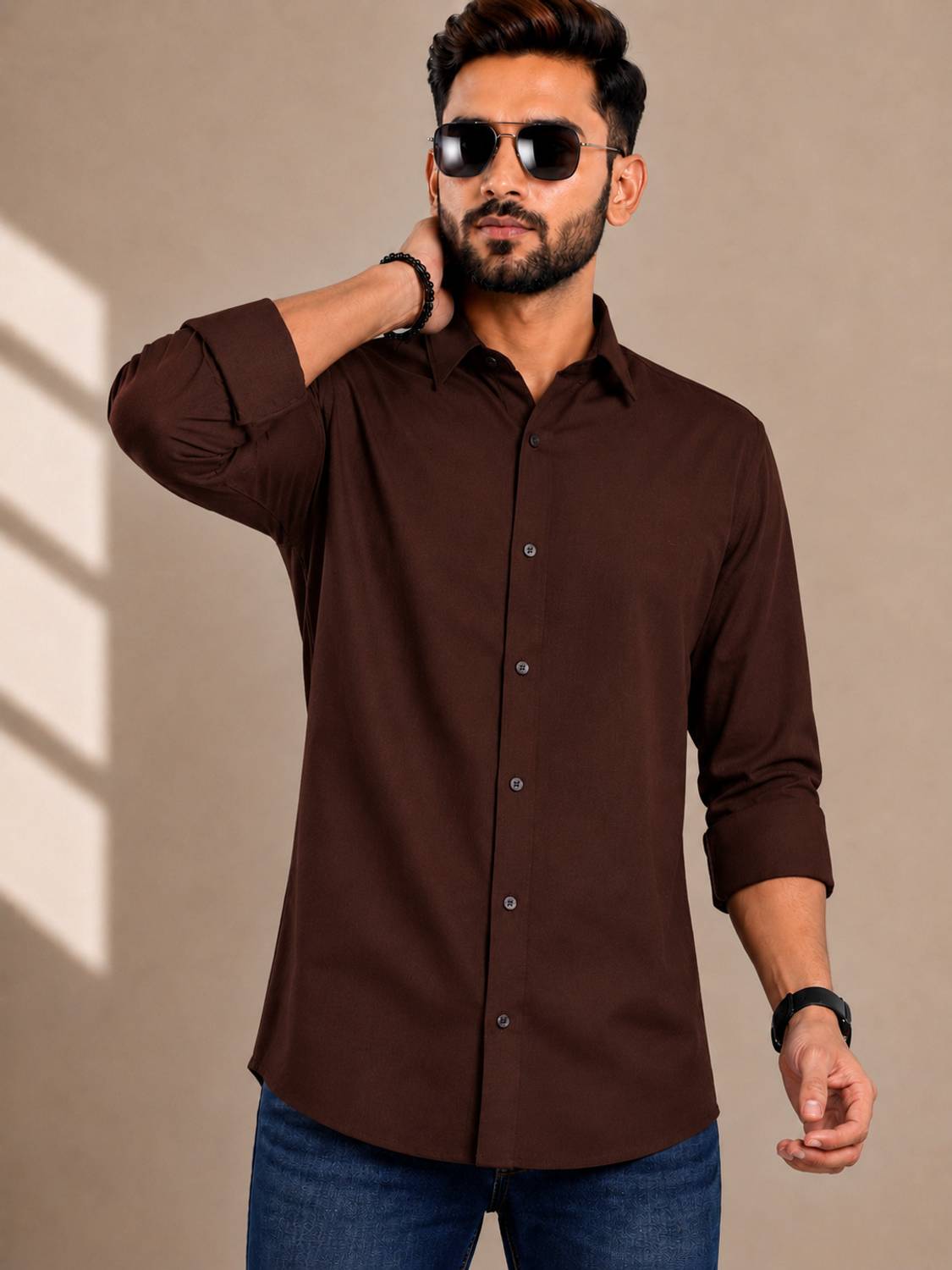 BROCON Men Solid Casual Brown Shirt