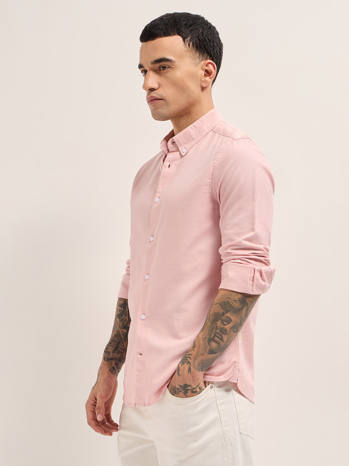 Image of THE BEAR HOUSE Men Solid Casual Pink Shirt