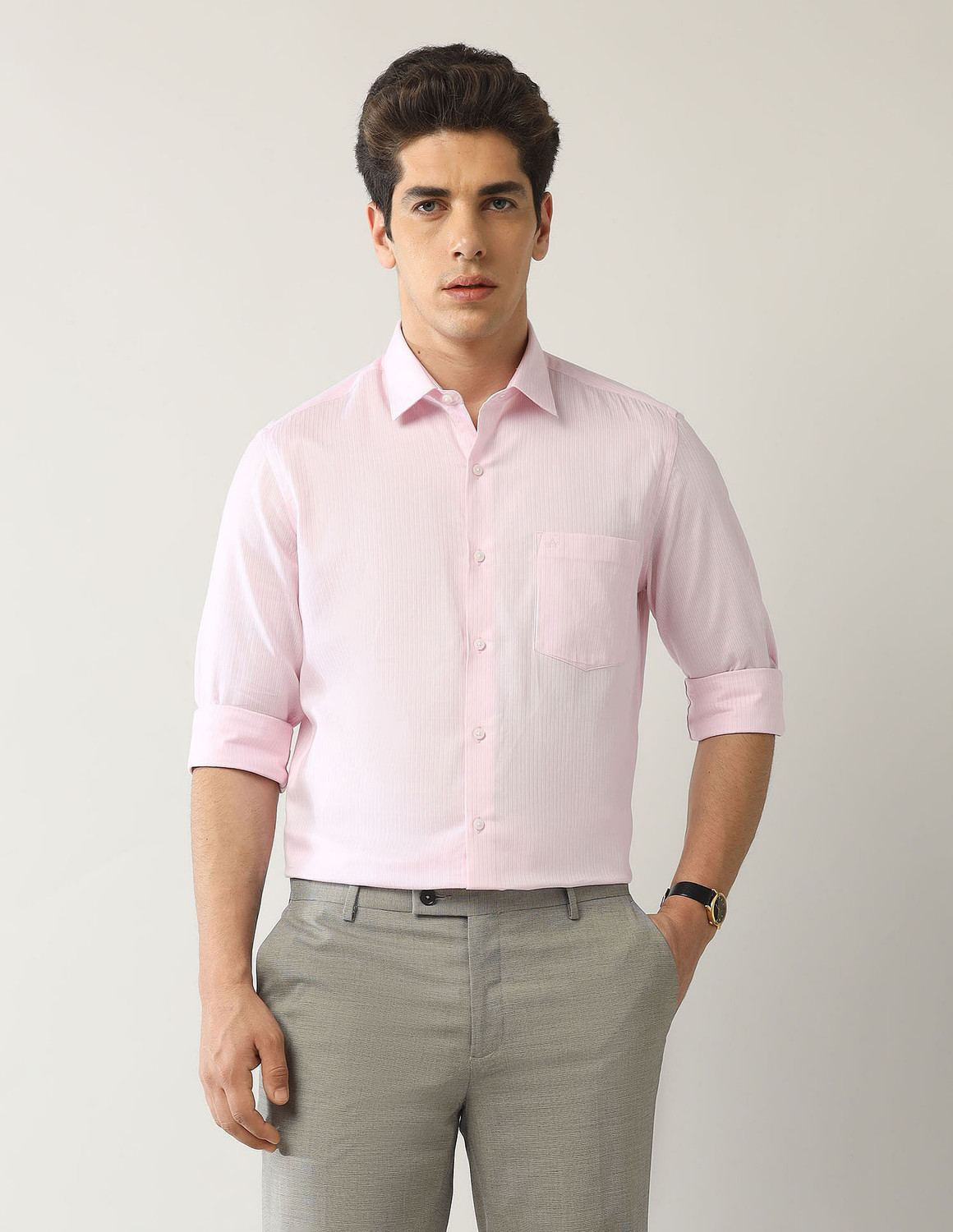Image of ARROW Men Striped Formal Pink Shirt