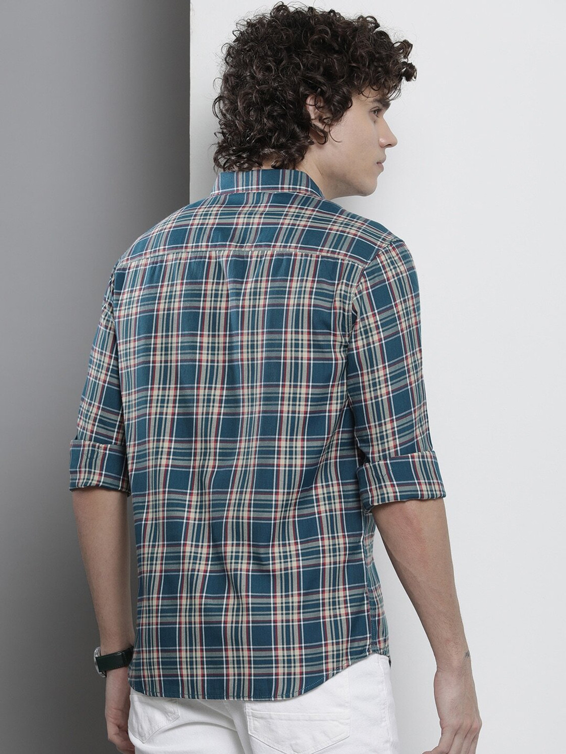 Image of The Indian Garage Co. Men Checkered Casual Dark Blue Shirt