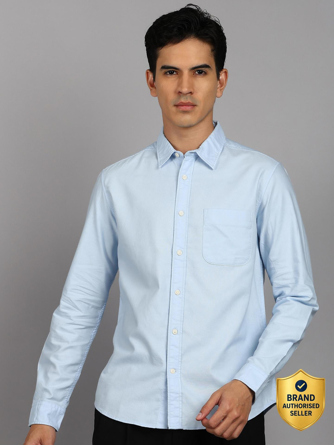 Image of FLYING MACHINE Men Solid Casual Blue Shirt