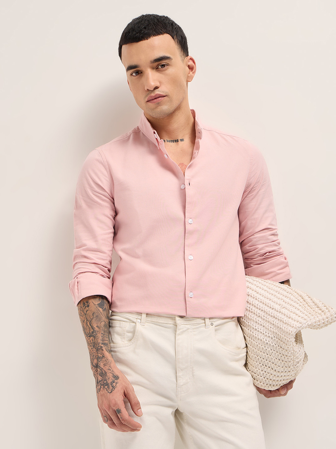 Image of THE BEAR HOUSE Men Solid Casual Pink Shirt