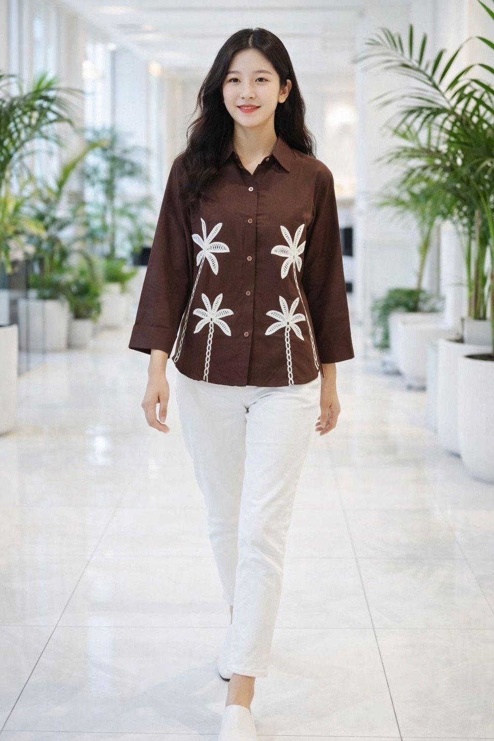 Image of SOLFY Women Embroidered, Solid Casual Brown Shirt