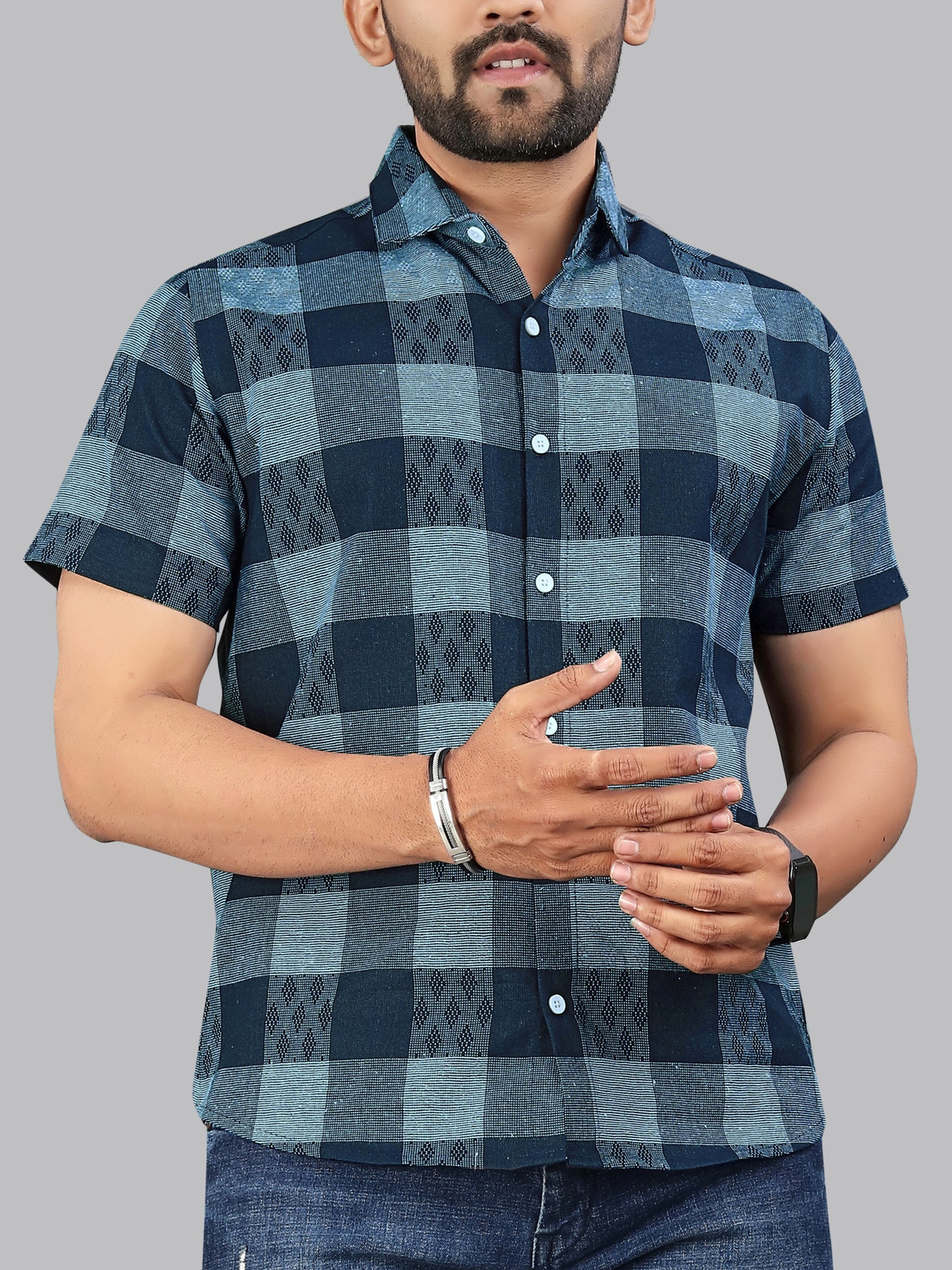 MILDIN Men Regular Fit Checkered Spread Collar Casual Shirt