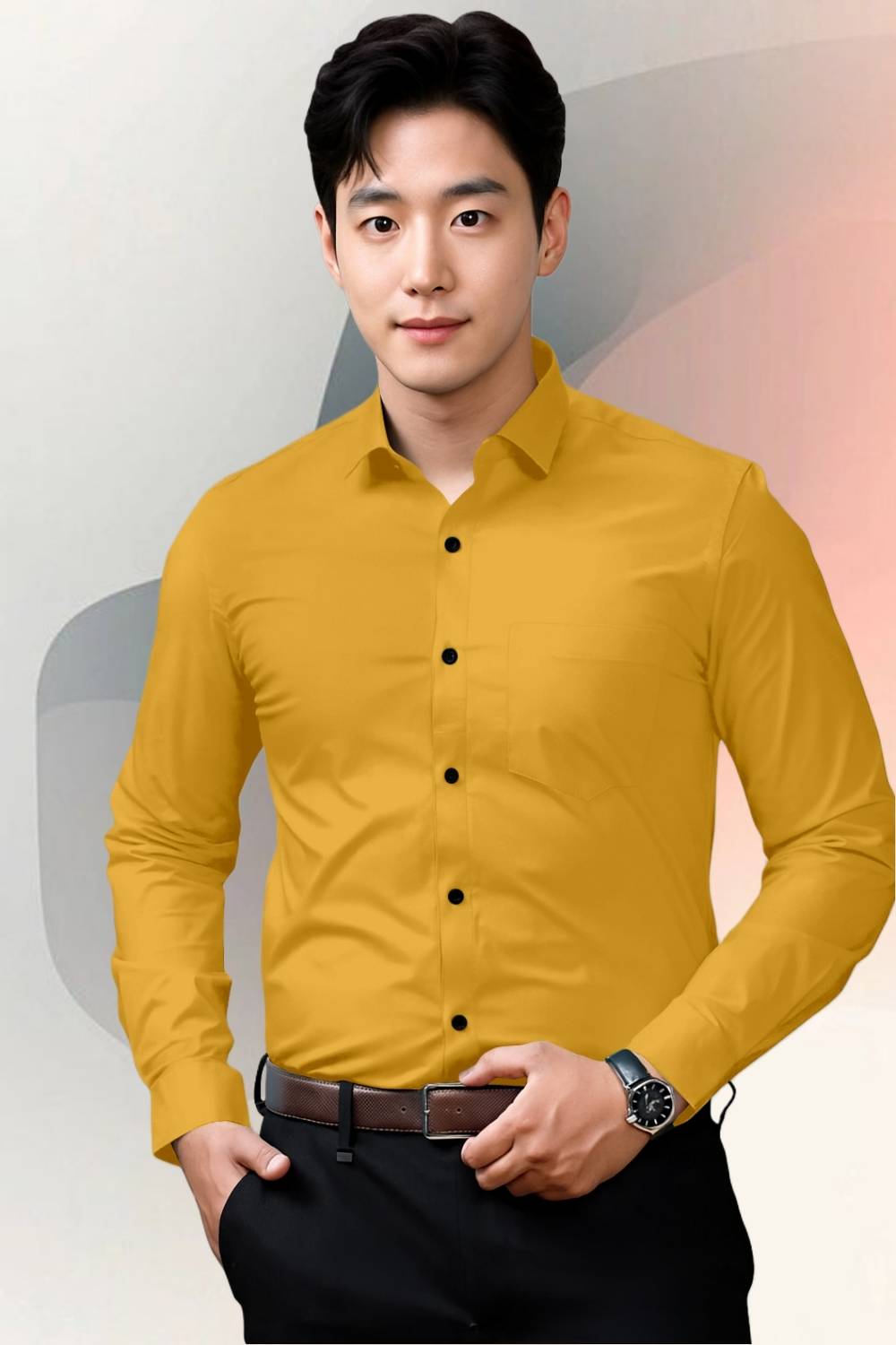 AARKENNA CO Men Solid Casual Yellow Shirt