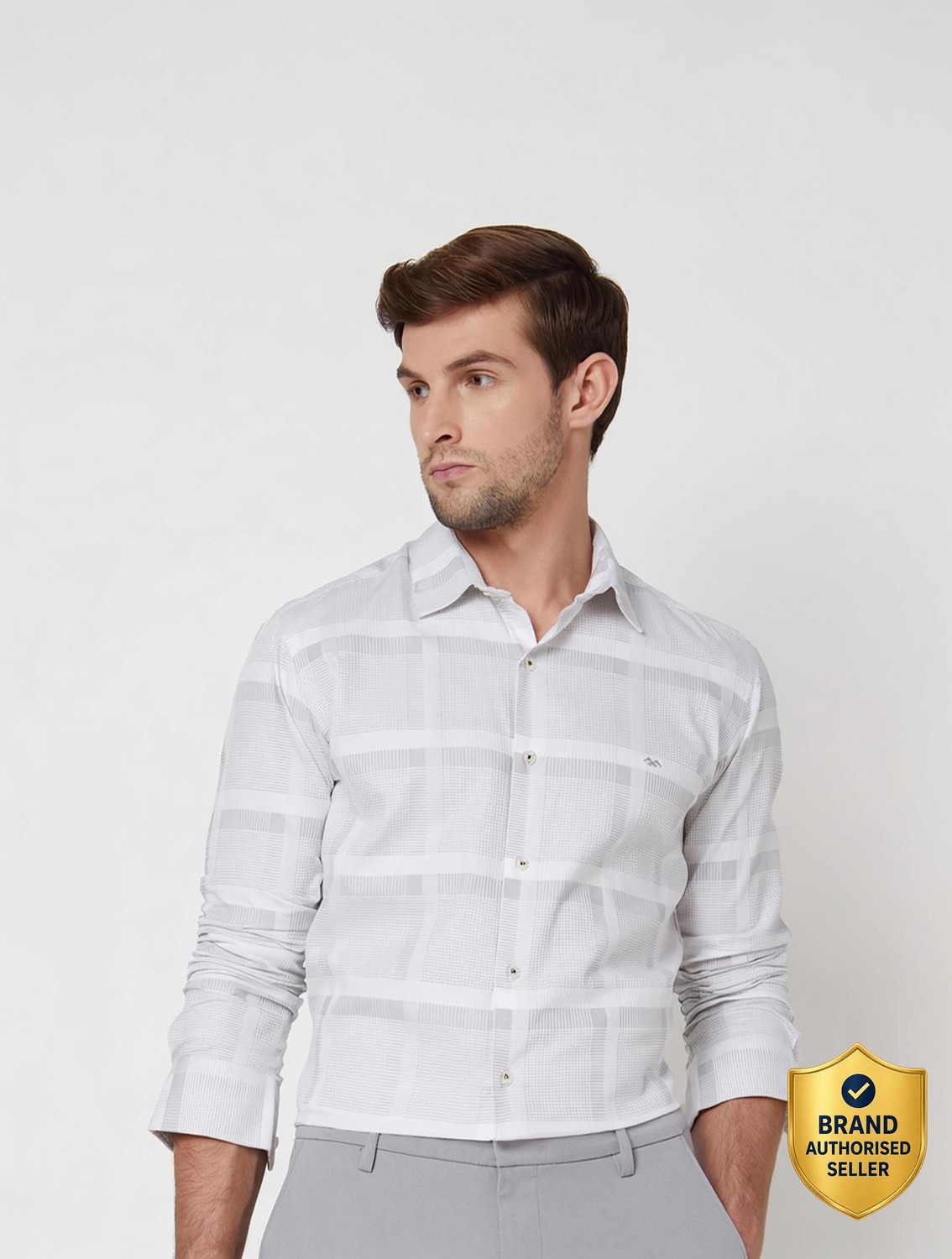 Image of MUFTI Men Checkered Casual Grey, White Shirt