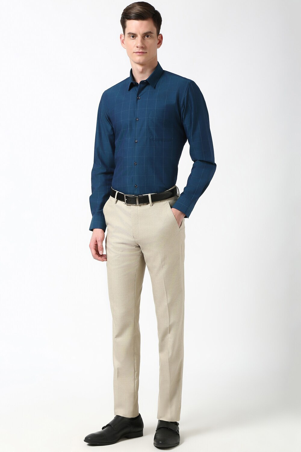 Image of PETER ENGLAND Men Checkered Formal Blue Shirt