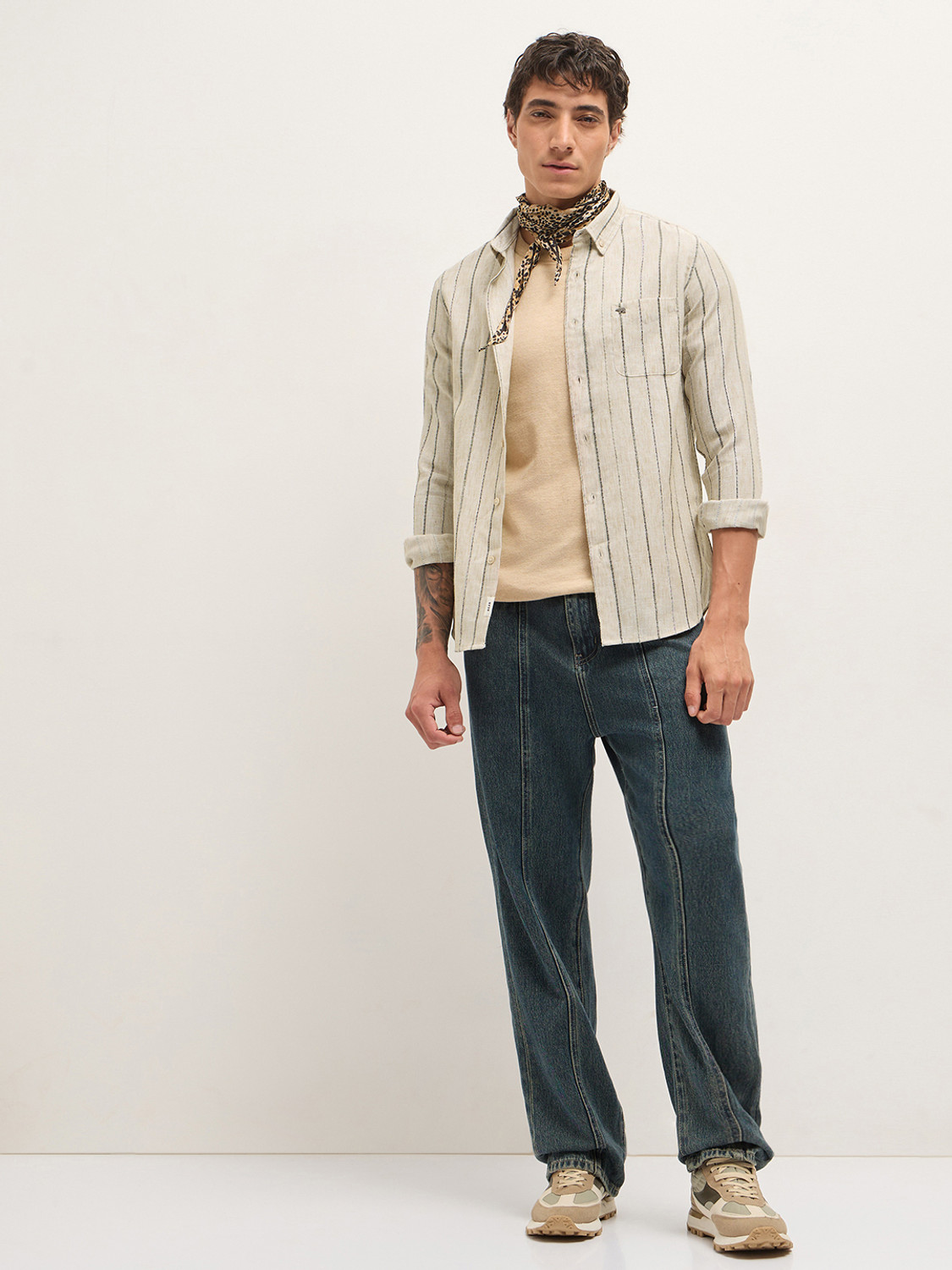 Image of THE BEAR HOUSE Men Striped Casual Beige Shirt