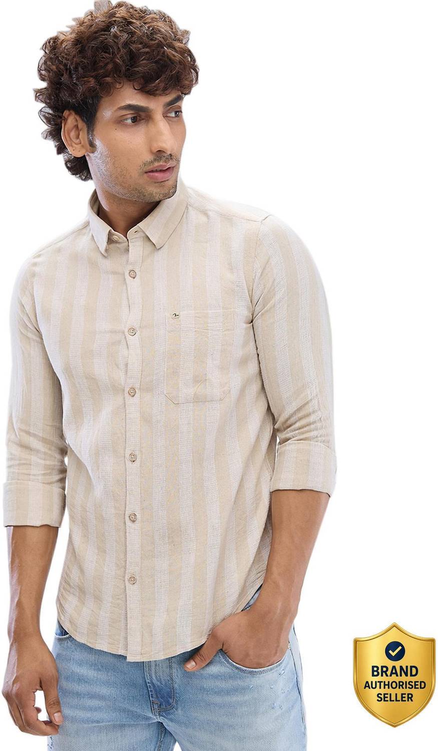 Spykar Men Solid Casual Beige Shirt