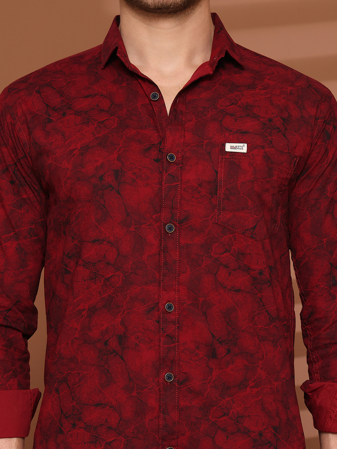Image of Majestic Man Men Printed Casual Red Shirt