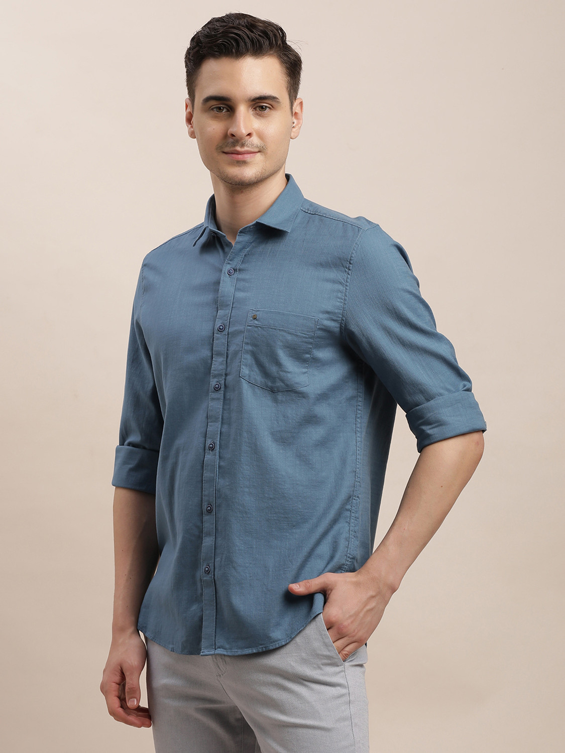 Image of TURTLE Men Solid Casual Blue Shirt