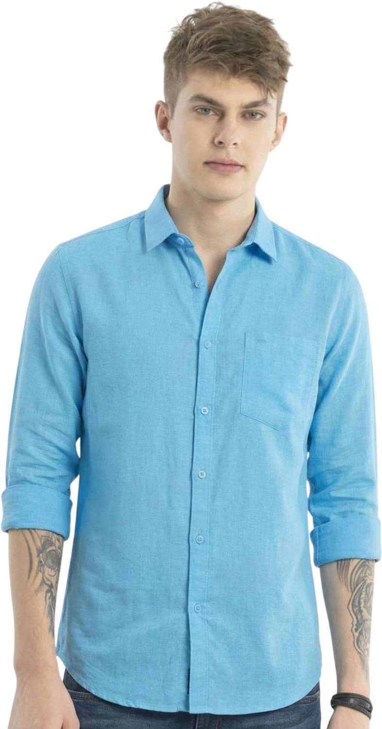 Image of MOONXS Men Solid Casual Blue Shirt