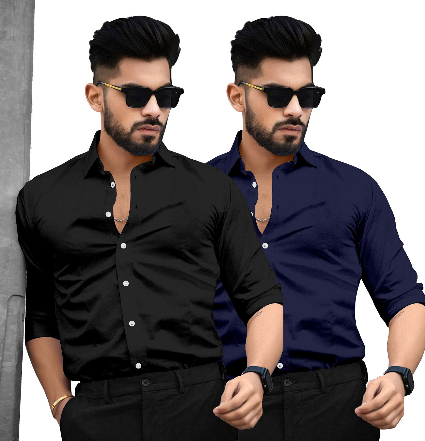 Image of SAADIWALA Men Solid Casual Black, Dark Blue Shirt