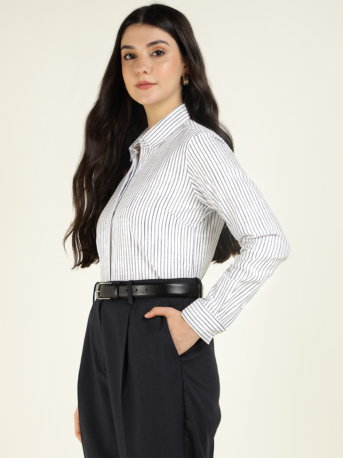 Image of Hancock Women Striped Formal White Shirt
