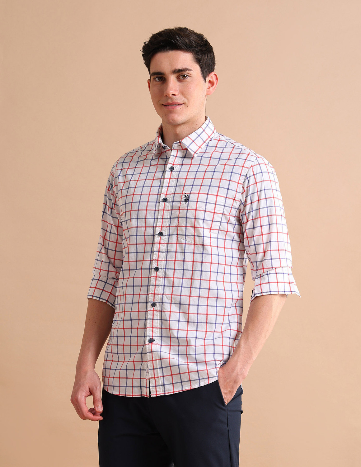 Image of U.S. POLO ASSN. Men Checkered Casual White Shirt