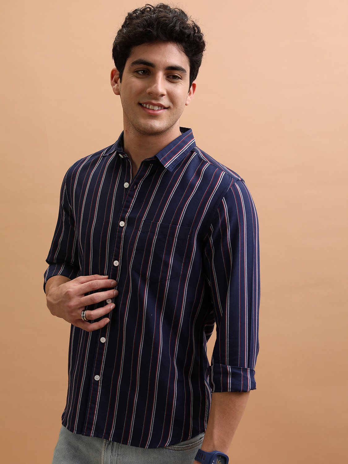 Image of HIGHLANDER Men Striped Casual Dark Blue, White, Red Shirt