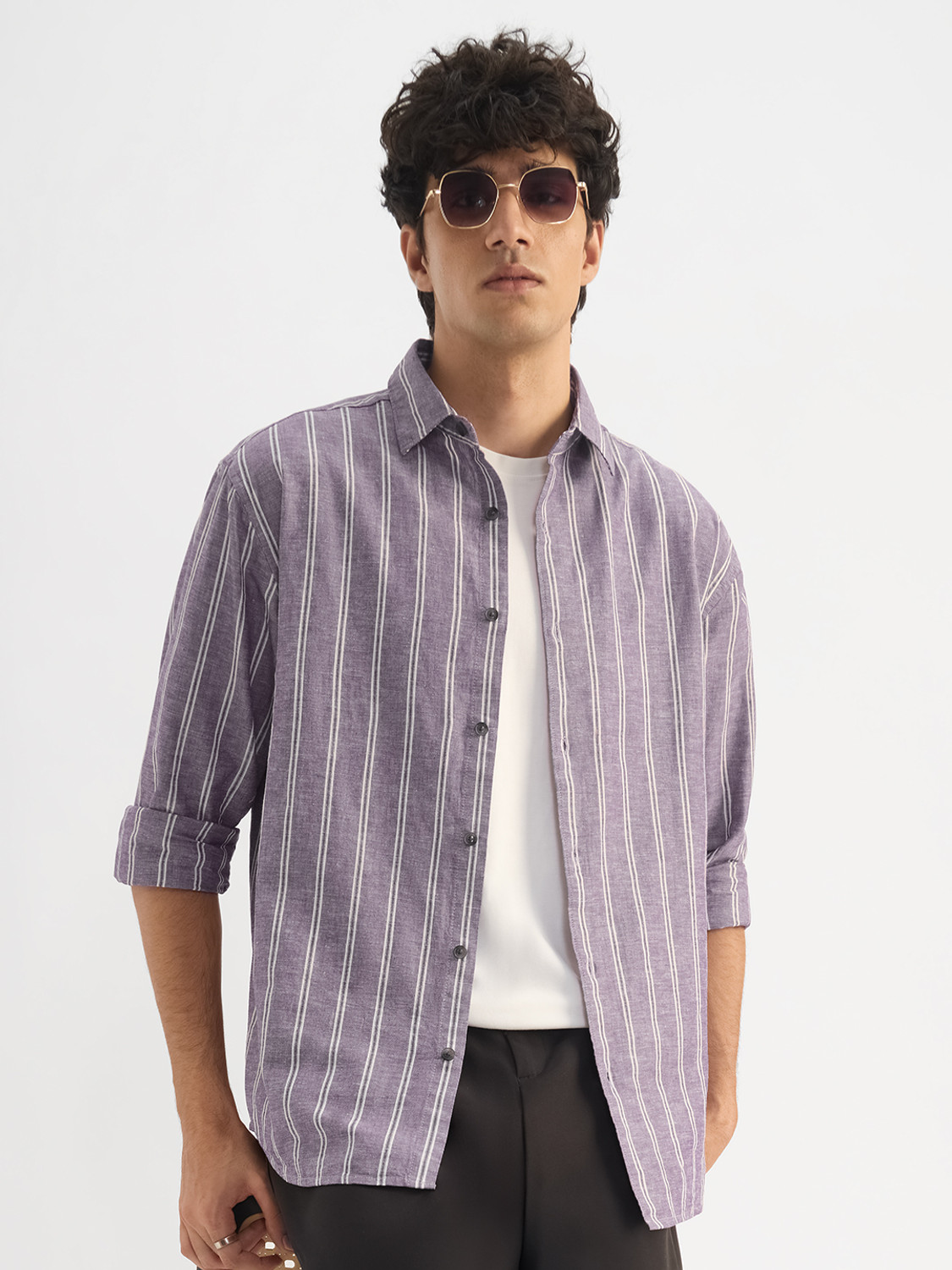Image of The Souled Store Men Striped Casual Purple Shirt