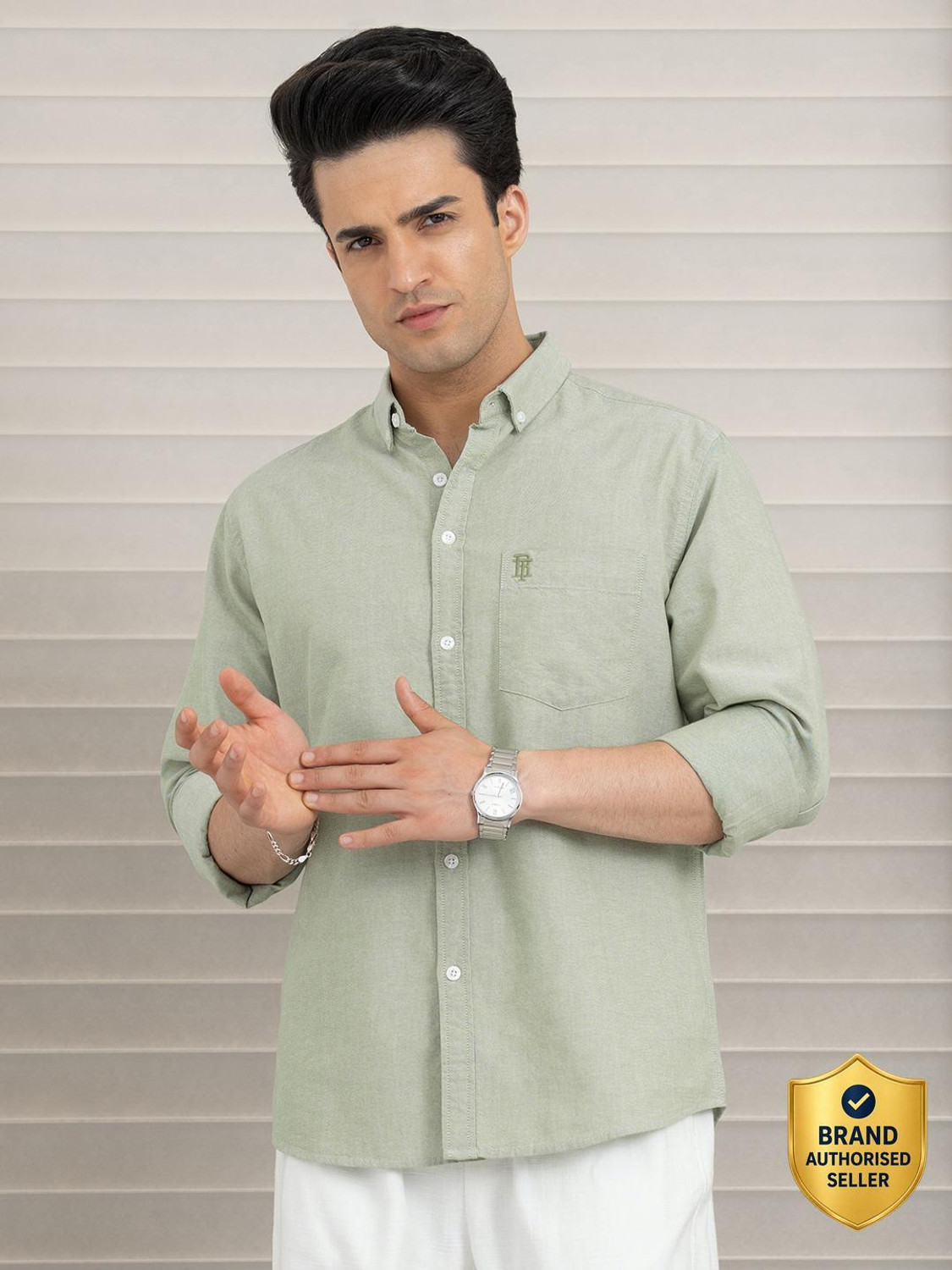 Image of RED TAPE Men Self Design Casual Green Shirt