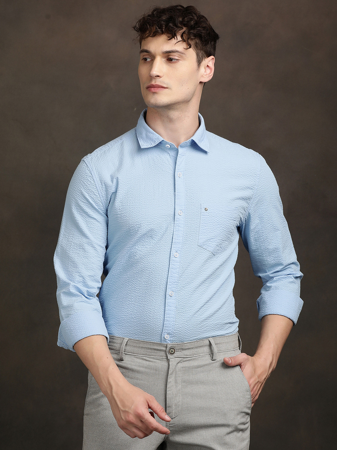 Image of TURTLE Men Solid Casual Light Blue Shirt