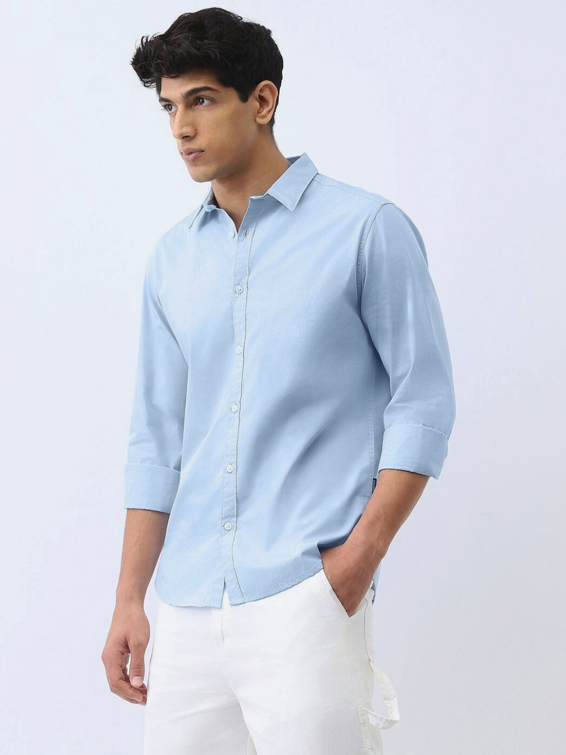 Image of URBANICE Men Solid Casual Light Blue Shirt