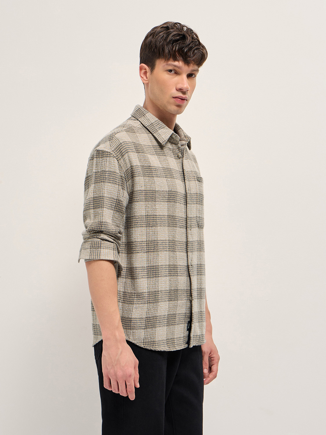Image of THE BEAR HOUSE Men Checkered Casual Beige Shirt
