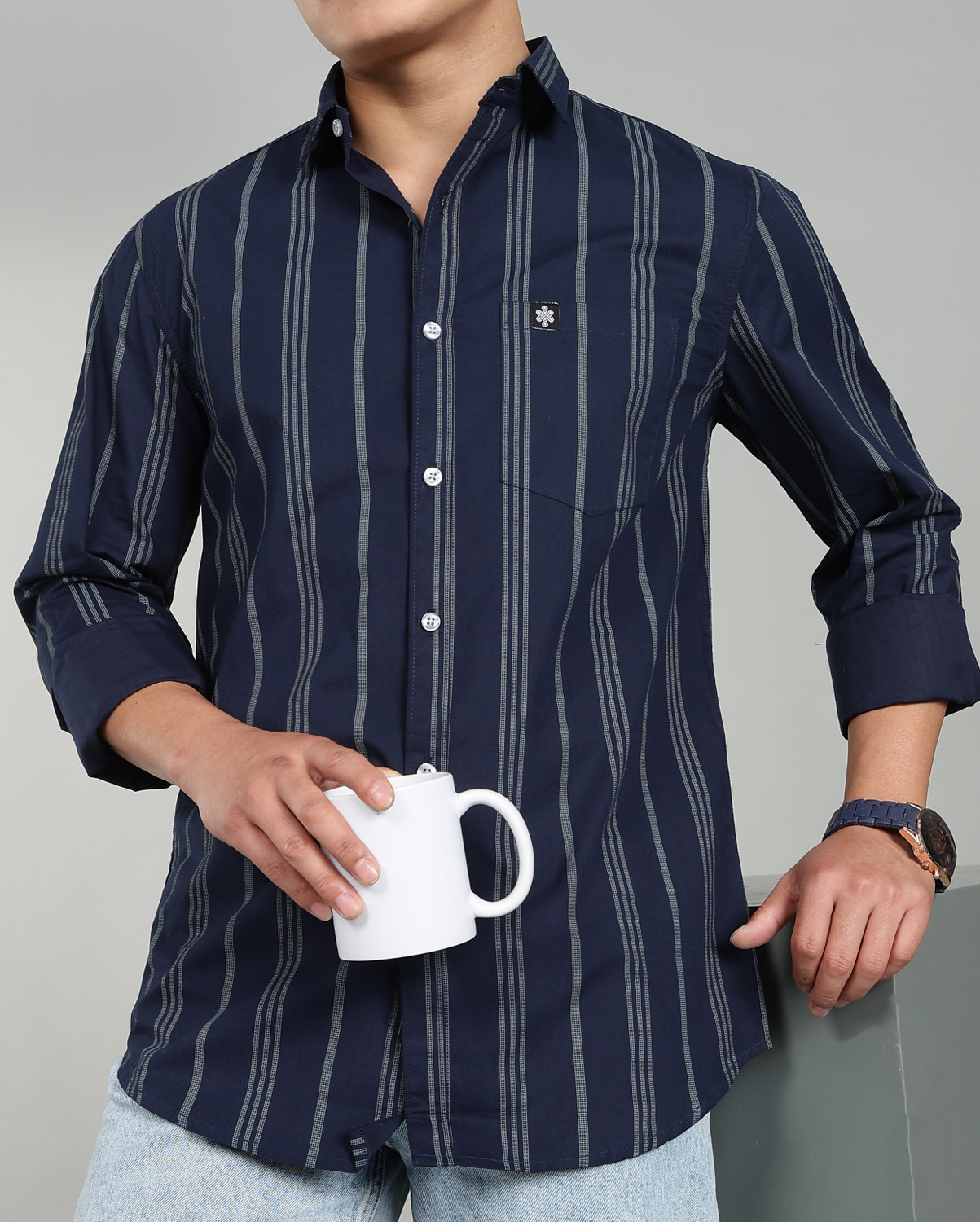 Image of sti Men Striped Casual Dark Blue Shirt