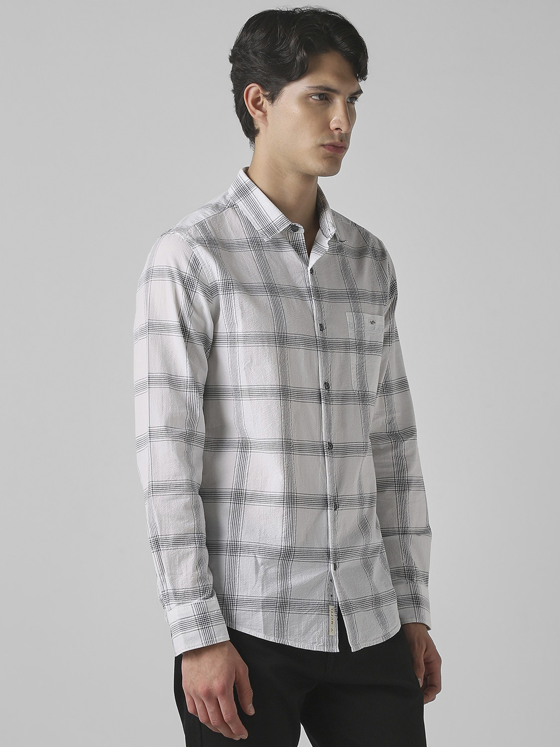 Image of MUFTI Men Checkered Casual Grey Shirt