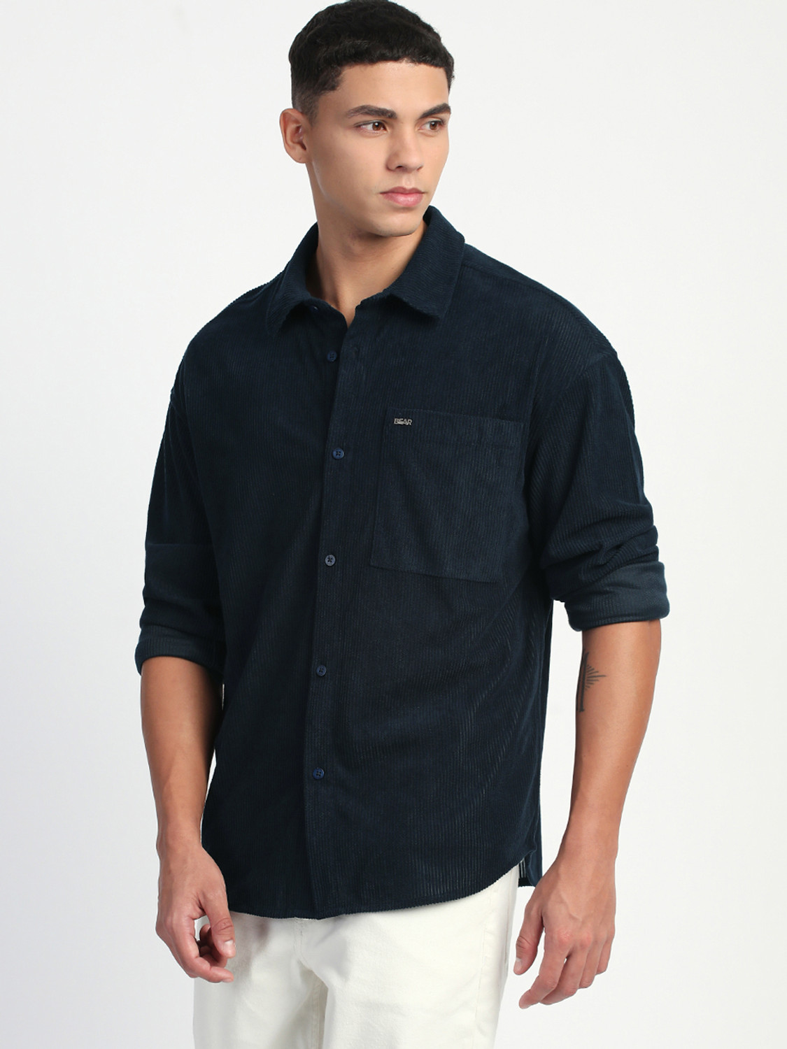 Image of THE BEAR HOUSE Men Self Design Casual Blue Shirt