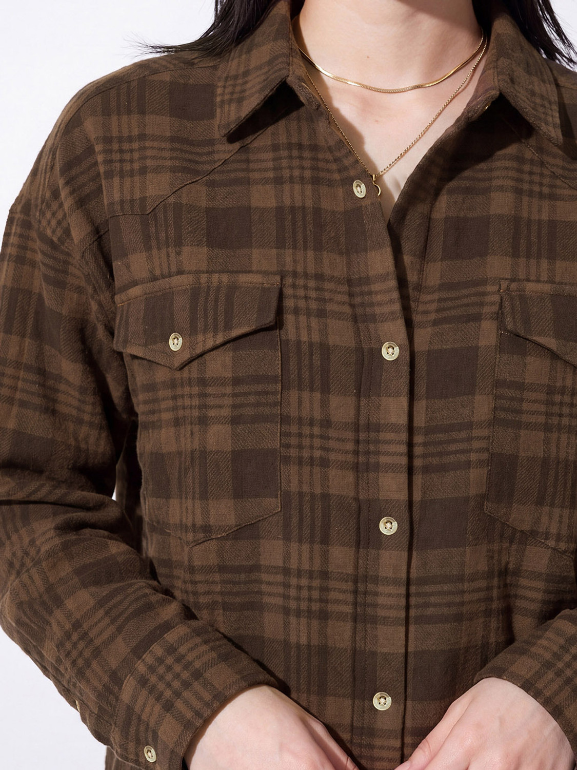Image of MAX Women Checkered Casual Brown Shirt