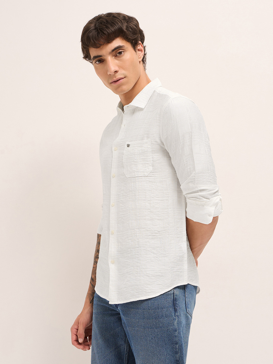 Image of THE BEAR HOUSE Men Striped Casual White Shirt