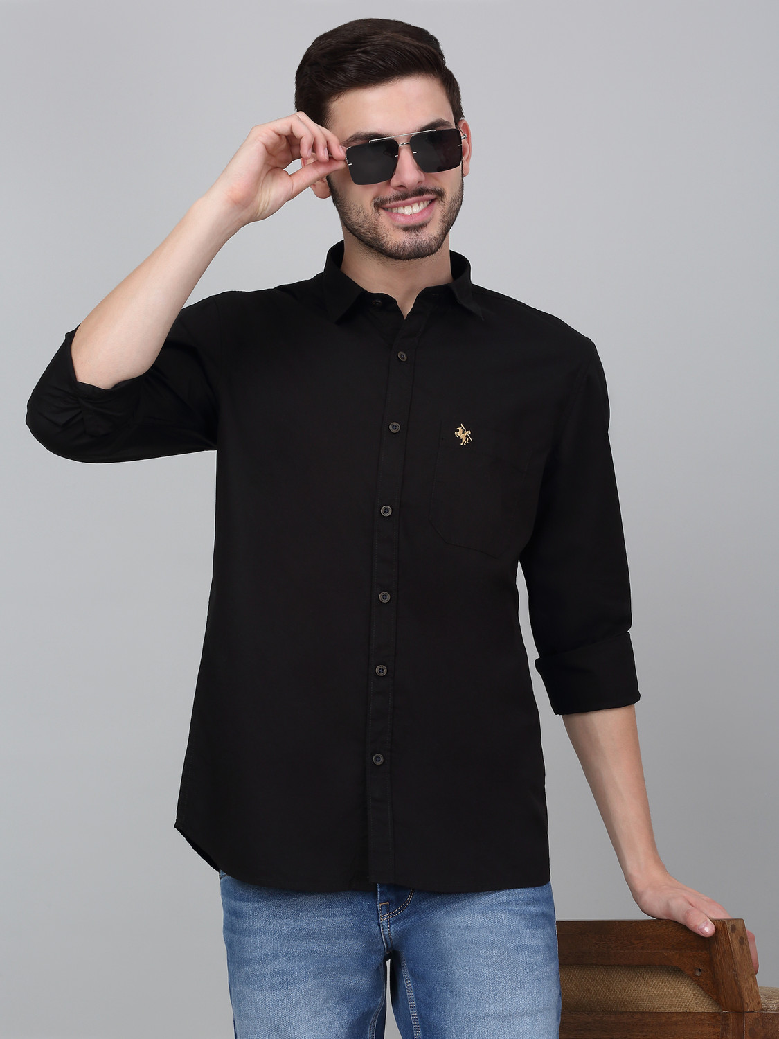 Image of CANTABIL Men Solid Casual Black Shirt