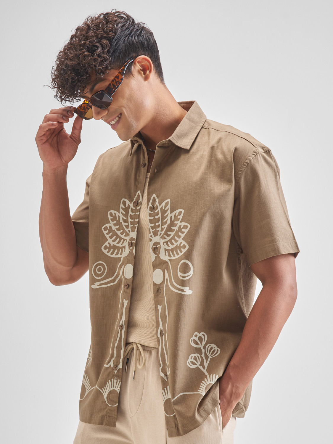Image of HIGHLANDER Men Printed Casual Brown Shirt
