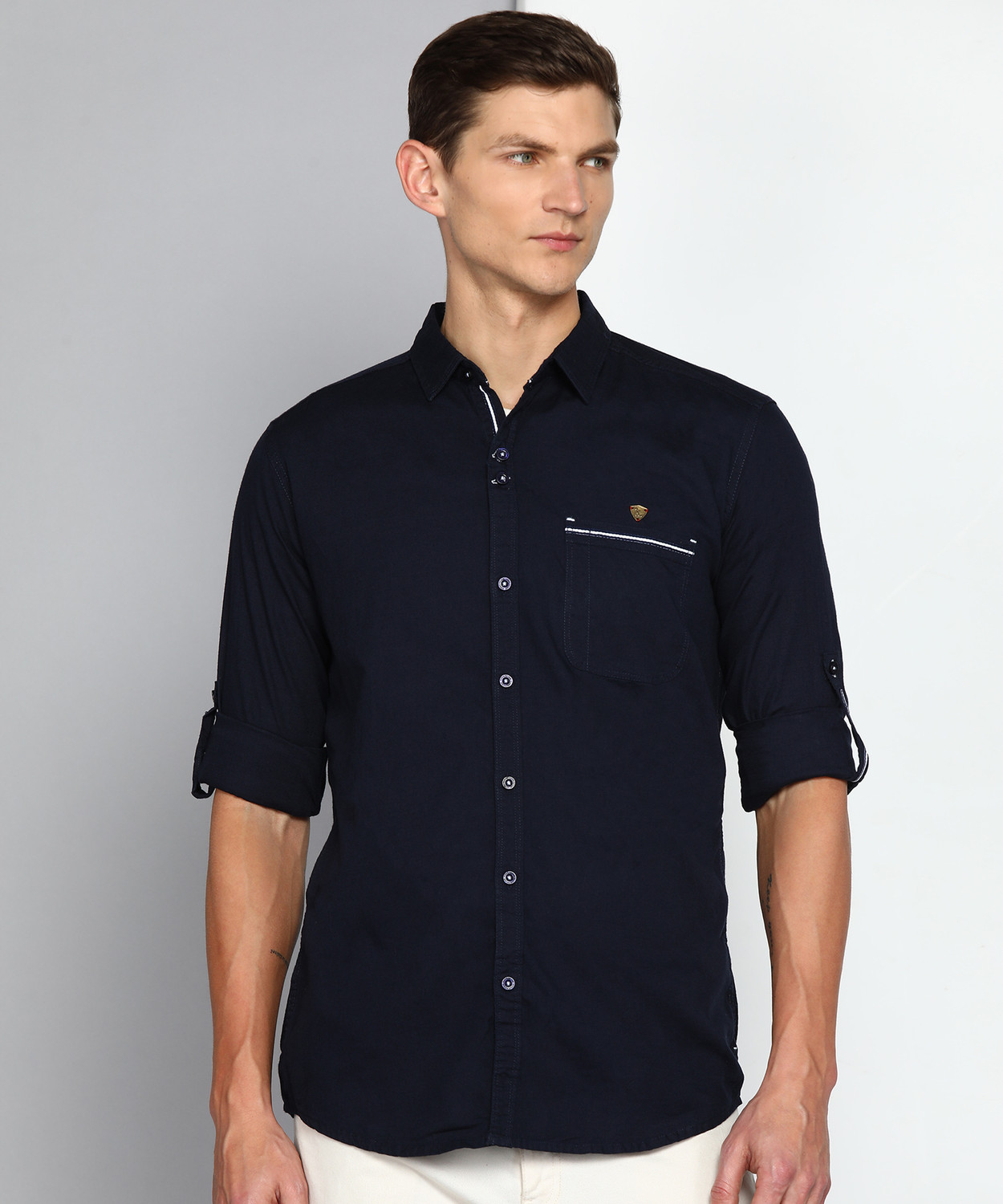 Image of KUONS AVENUE Men Solid Casual Dark Blue Shirt