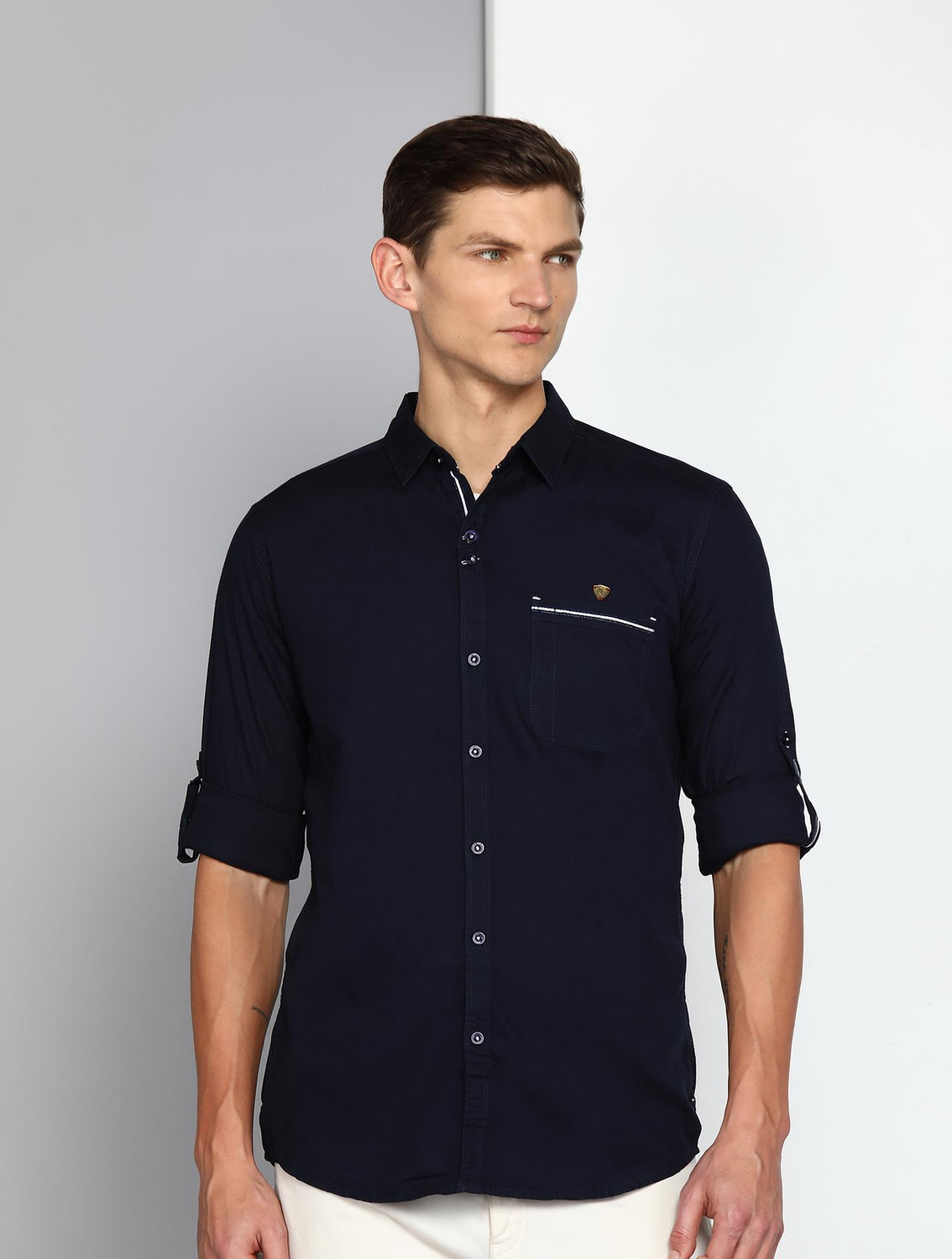Image of KUONS AVENUE Men Solid Casual Dark Blue Shirt
