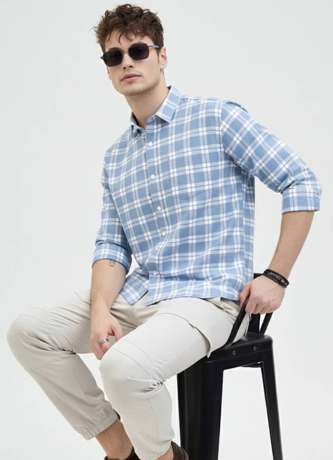 METRONAUT Men Checkered Casual Light Blue Shirt - Image 4