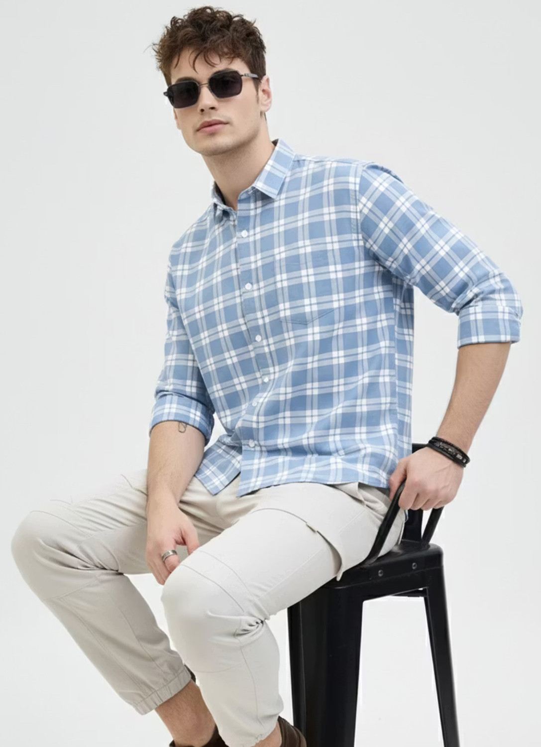Image of METRONAUT Men Checkered Casual Light Blue Shirt