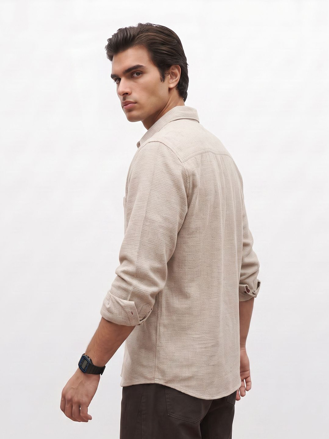 Image of Mr Bowerbird Men Relaxed Fit Self Design Spread Collar Casual Shirt