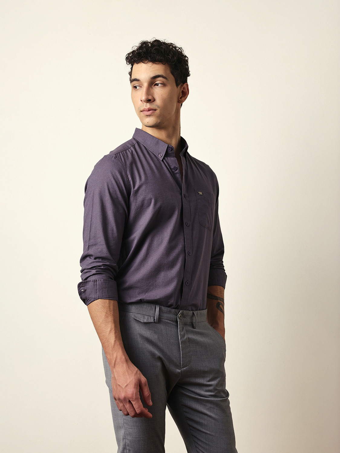 Image of THE BEAR HOUSE Men Solid Casual Grey Shirt