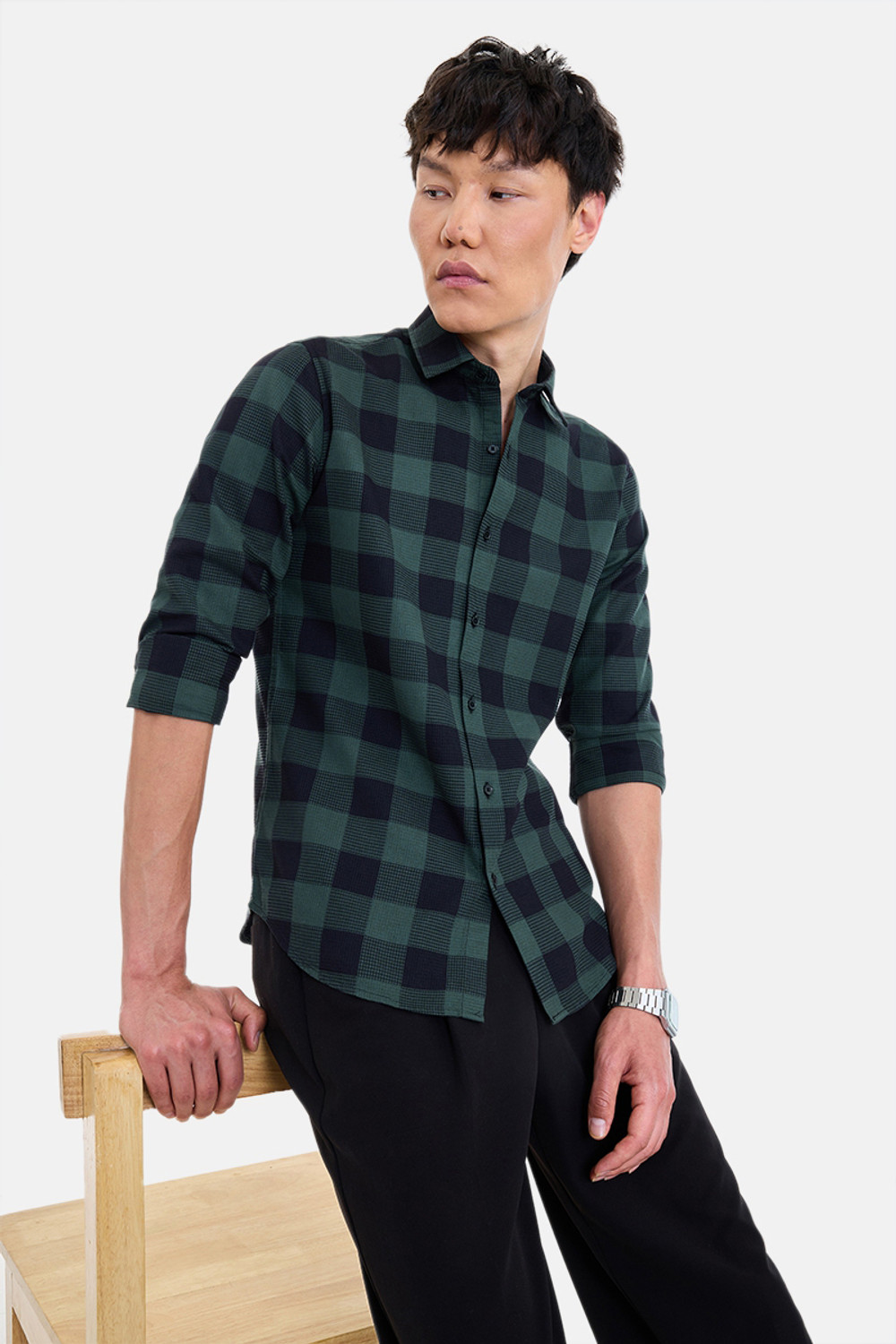 Image of Snitch Men Checkered Casual Dark Green Shirt