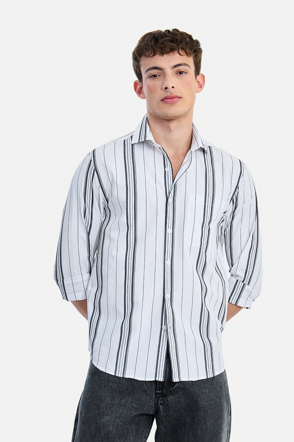 Image of Snitch Men Striped Casual White Shirt