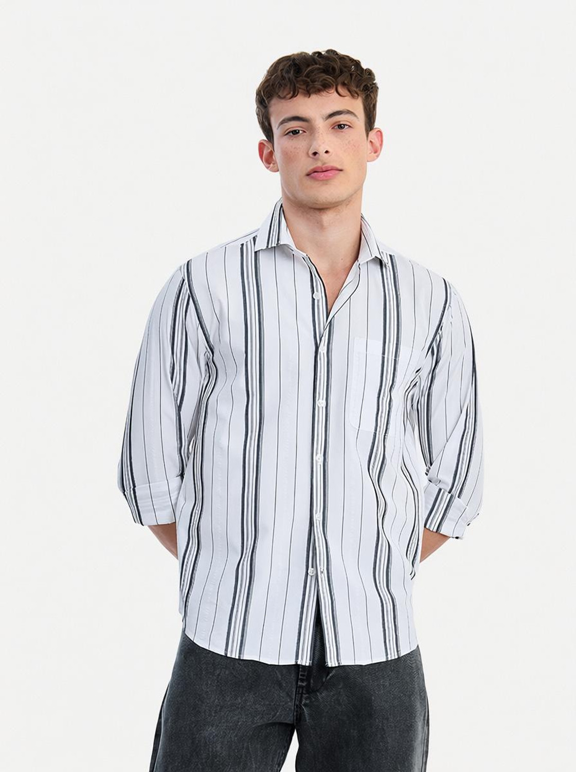 Image of Snitch Men Striped Casual White Shirt