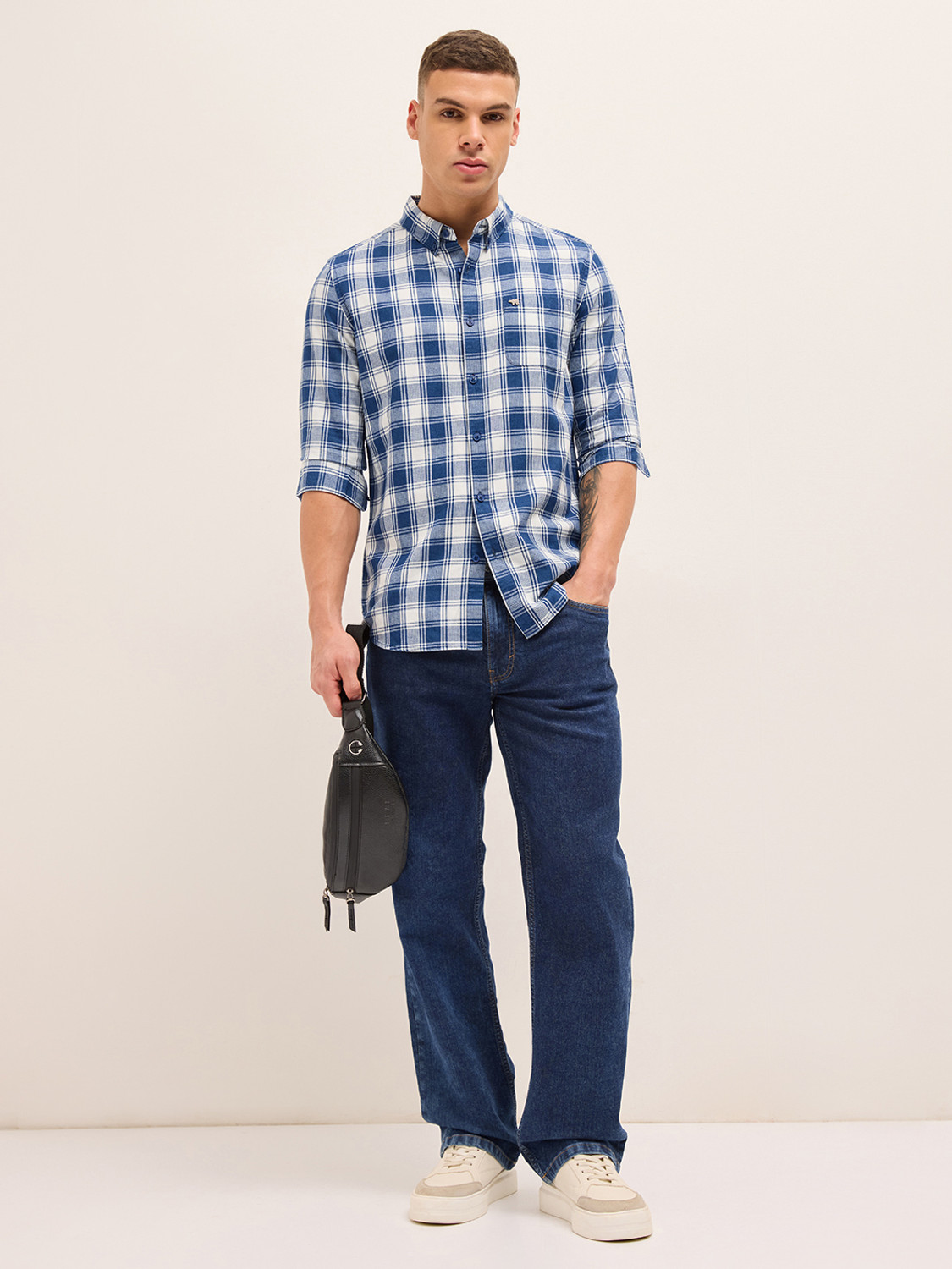 Image of THE BEAR HOUSE Men Checkered Casual Blue Shirt