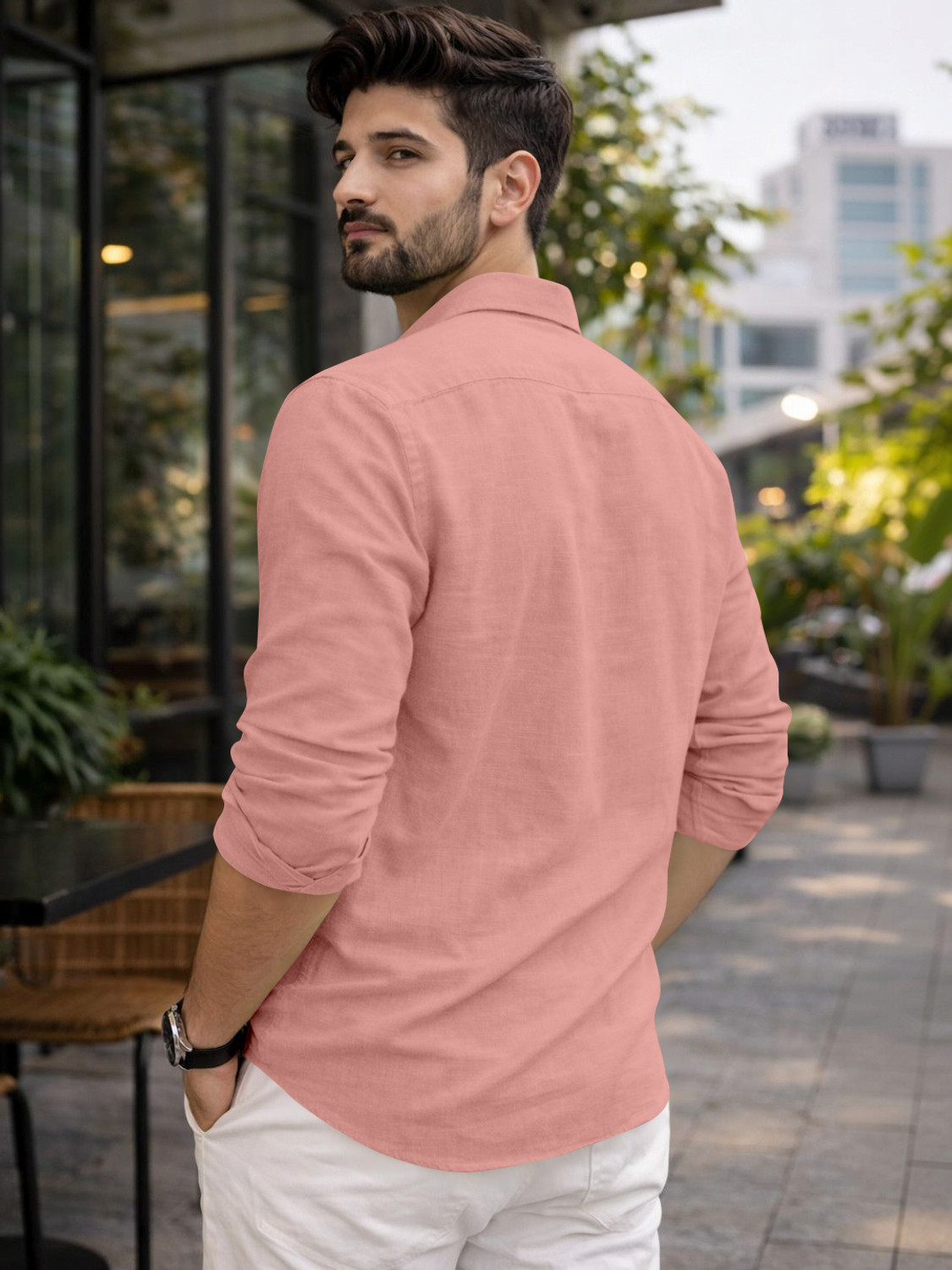 Image of Mameru Men Regular Fit Solid Cut Away Collar Casual Shirt