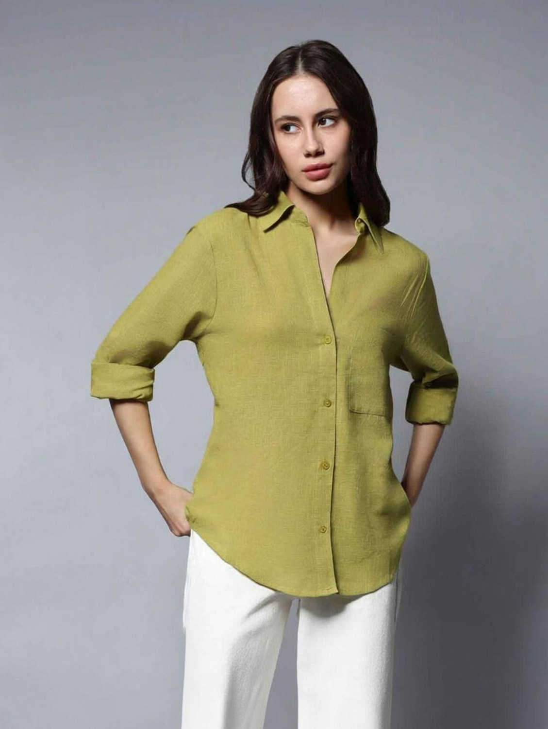 Image of SAARSHE Women Solid Casual Green Shirt