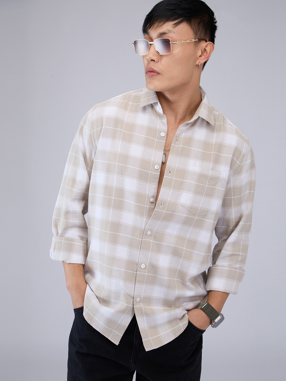 Image of VASTRADO Men Checkered Casual Beige Shirt