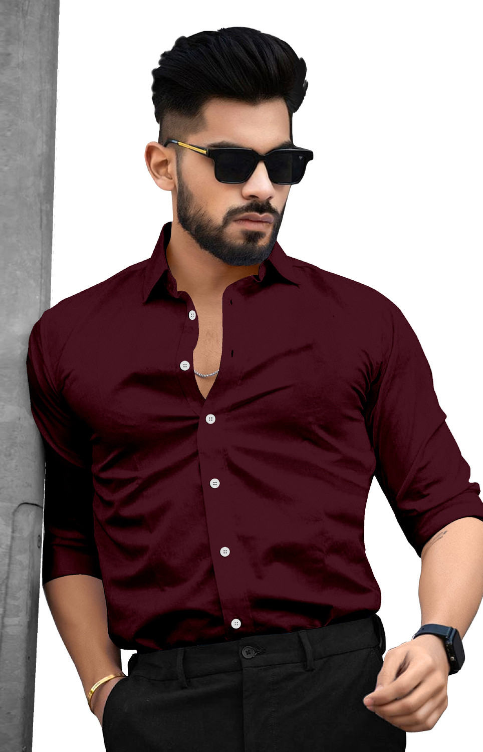 Image of SAADIWALA Men Solid Casual Dark Blue, Maroon Shirt