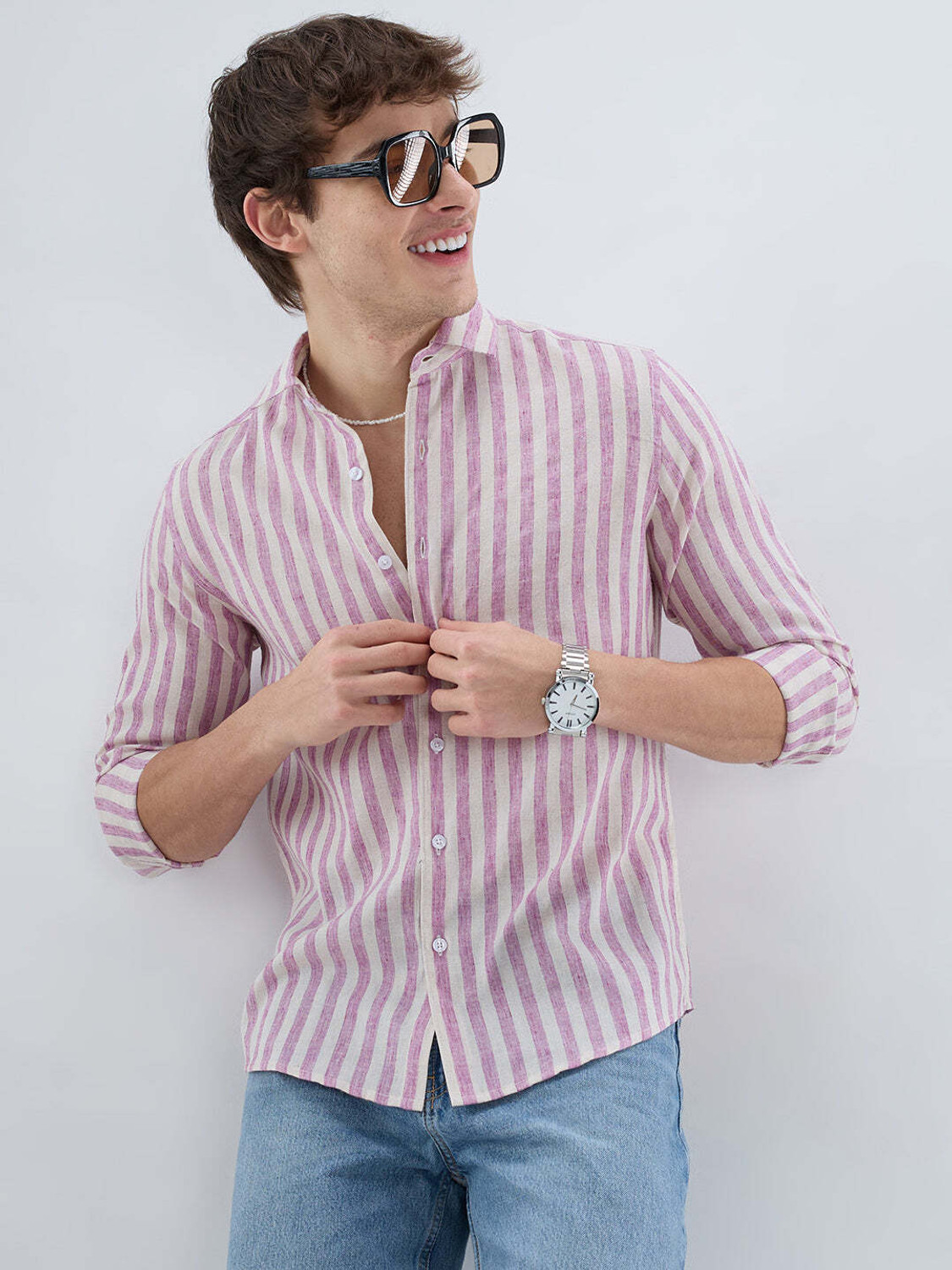 Image of VASTRADO Men Striped Casual Pink Shirt