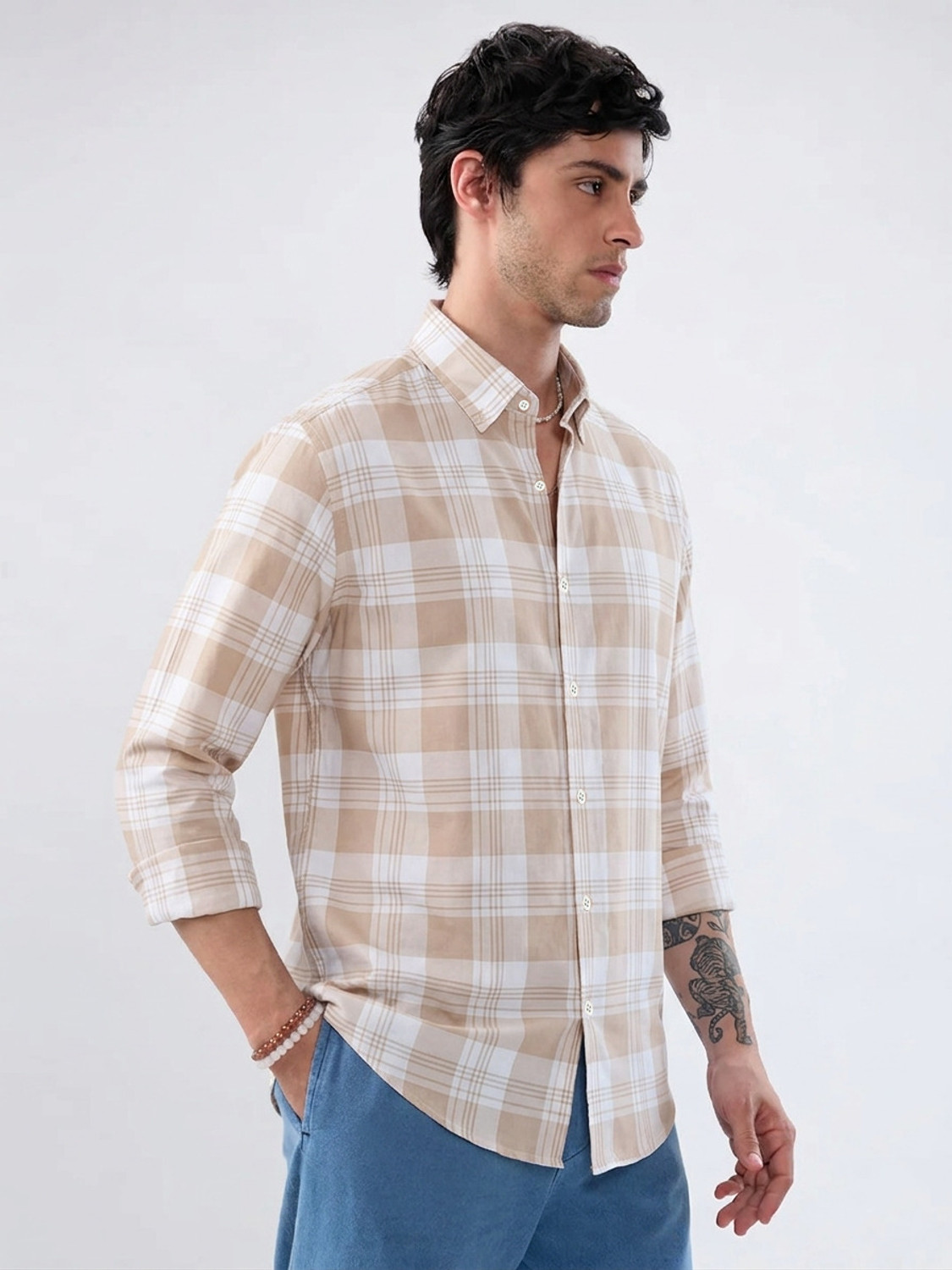 Image of S-LINE Men Checkered Casual Orange Shirt