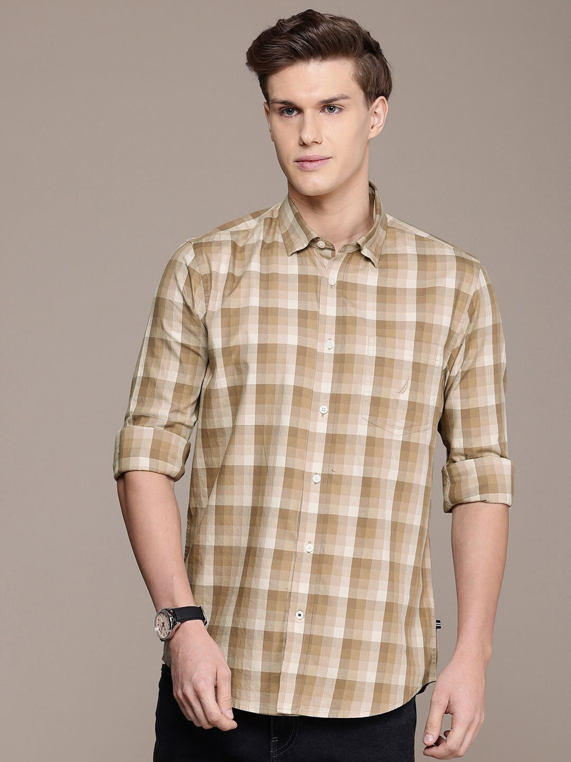Image of NAUTICA Men Checkered Casual Brown Shirt