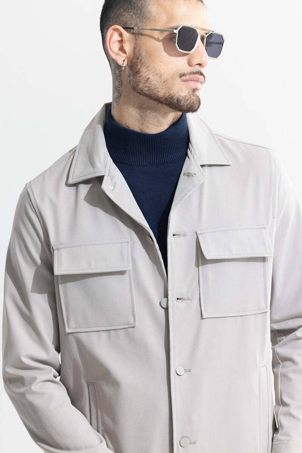 Snitch Men Solid Casual Grey Shirt - Image 5